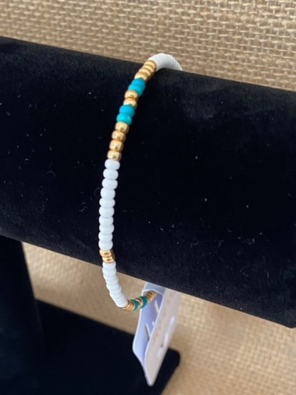 White & Turquoise Beaded Bracelet  Stackable Seed Bead Jewelry